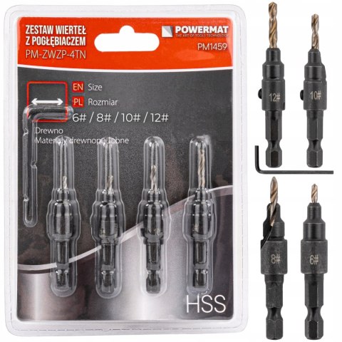 WIERTŁA Z POGŁĘBIACZEM GZYMKĄ 4 SZT HSS FAZOWNIK DO DREWNA SKLEJKI MDF PCV