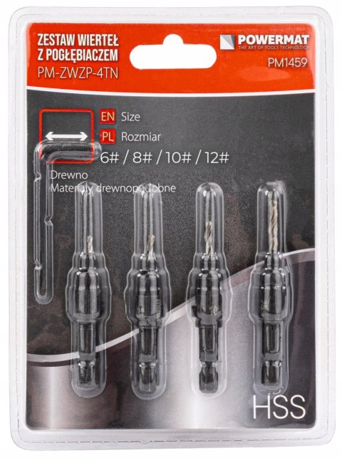 WIERTŁA Z POGŁĘBIACZEM GZYMKĄ 4 SZT HSS FAZOWNIK DO DREWNA SKLEJKI MDF PCV