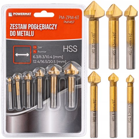 ZESTAW POGŁĘBIACZY STOŻKOWYCH HSS 90° 6SZT DO FAZOWANIA I POGŁĘBIANIA FREZ