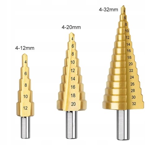 WIERTŁA STOŻKOWE STOPNIOWE DO METALU DREWNA PLASTIKU BLACH ZESTAW 4-32 MM