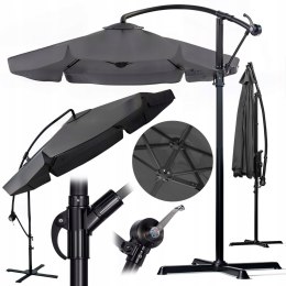 PARASOL OGRODOWY SZARY DUŻY SKŁĄDANY REGULOWANY Z WYSIEGNIKIEM 350CM 3,5M