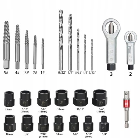 WYKRĘTAKI DO ZERWANYCH URWANYCH ŚRUB SZPILEK I NAKRĘTEK 26 ELEMENTÓW