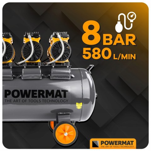 KOMPRESOR BEZOLEJOWY 100L SPRĘŻARKA 8 BAR 580l/min 230V CICHY 79dB 4,1KM